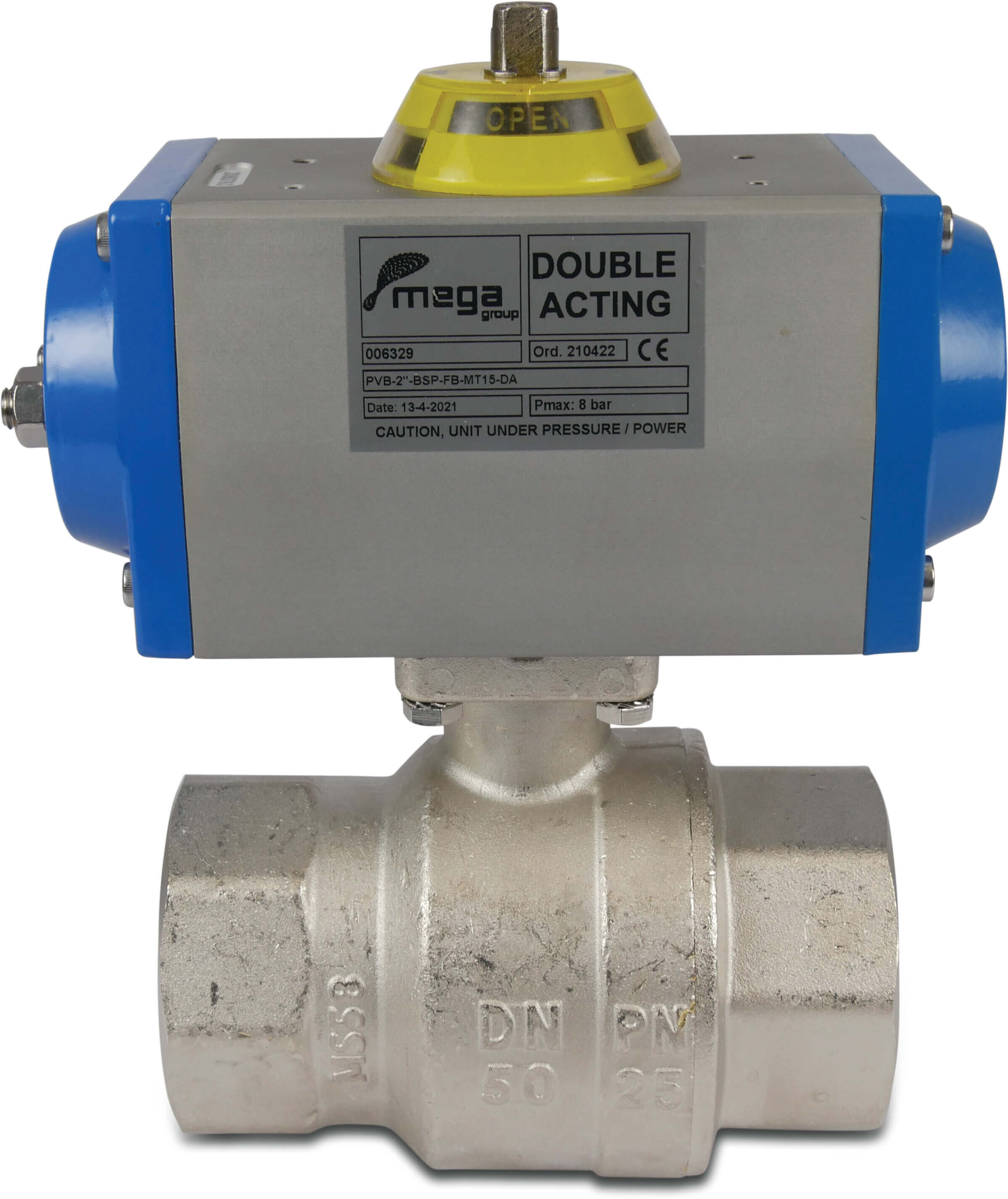 Pneumatic ball valve brass nickel plated 3" female thread 25bar type double acting